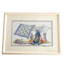 Amish Woman Children Quilt Wash Line Cross Stitch 19x14 Finished Matted Framed