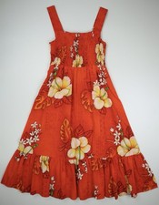Vtg Royal Hawaiian Barkcloth Dress Sz 8 Maxi Orange Hibiscus Floral Empire Waist