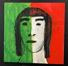Original Portrait Painting Quirky Woman Naive Square Mini Expressive Art Green
