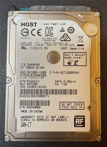 HGST, 1TB, 5K1000-1000, HTS541010A9E680, S/N: D82HXMWD, SATA HDD