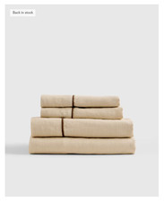 NWOT QUINCE EUROPEAN LINEN PIPED 4 PIECE SHEET SET KING IN OAT / ESPRESSO