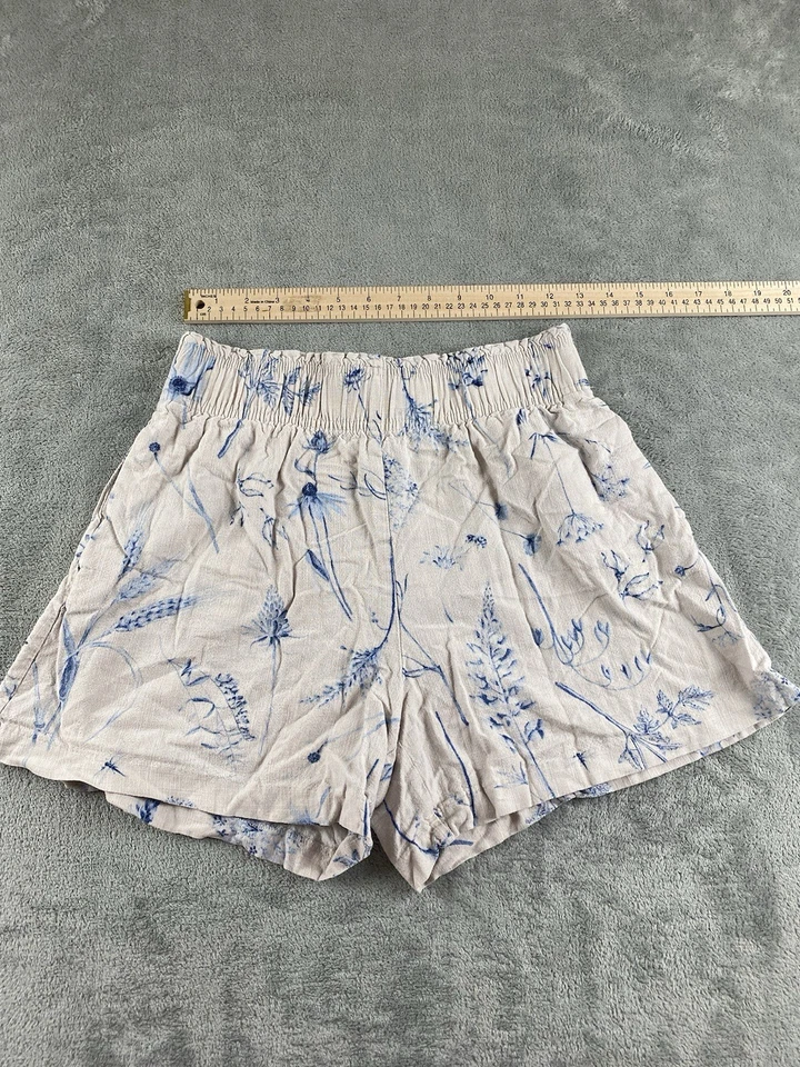 Pantalones Cortos Chinos H&M Gris Azul Floral Pull On Elastizados Mezcla de Lino Para Mujer S. C29 Foto 4 de 4