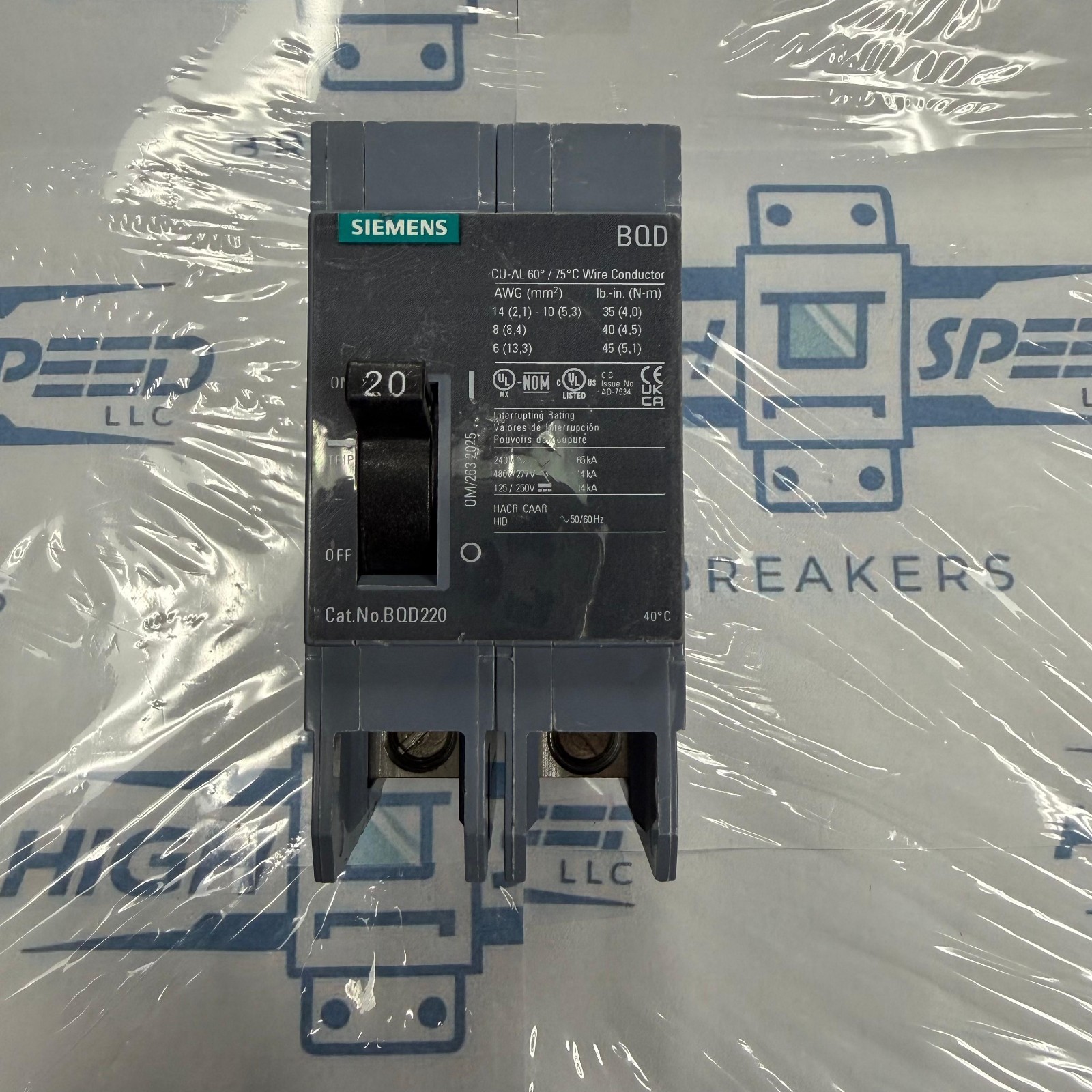 1 NEW OPEN BOX SIEMENS BQD220 20A 2 POLE 480/277V CIRCUIT BREAKER INTERRUPTER