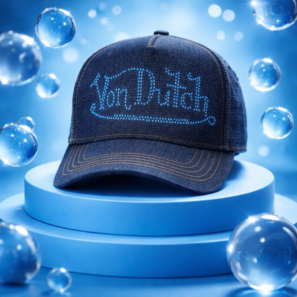 NWT Von Dutch Denim Trucker Hat Blue Stone Bling Mesh Snap  display picture 2