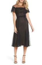 TADASHI SHOJI EMBROIDERED LACE & CHIFFON A-LINE MIDI BLACK/NUDE GOWN sz 6