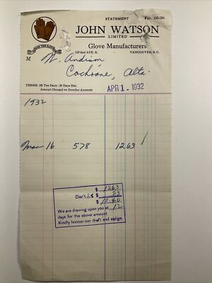 1932 Vancouver, B.C. Canada John Watson Glove Manufacturer Bill Head Receipt