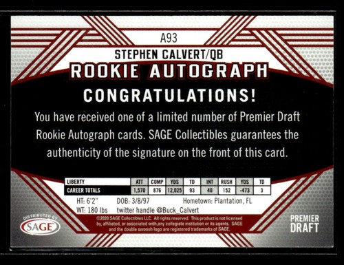 2020 SAGE HIT #A93 Stephen Calvert Rookie Autographs Black - Picture 2 of 2