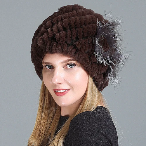 Damen Echt Rex Kaninchenfell Beanie Mütze Winter Warm Mütze mit Fuchs Handarbeit Geflochten - Bild 41 von 52