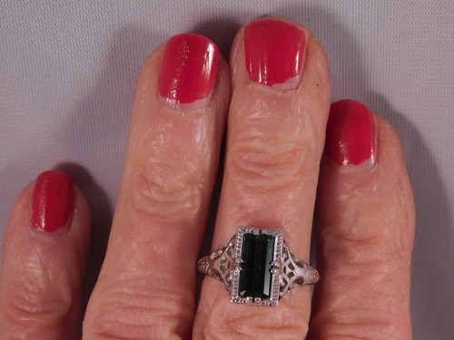 Anillo baguette de turmalina verde corte esmeralda de 1,97 quilates estilo plata esterlina de 1920 - Imagen 6 de 10