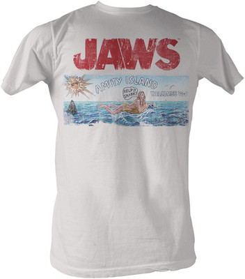 JAWS AMITY ISLAND WELCOMES YOU SCARY KILLER SHARK MOVIE WHITE T SHIRT S-2XL