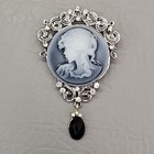 Cameo Brooch Drop Blue Gray Round Silver Tone Rhinestones Pin Gothic 3.25"