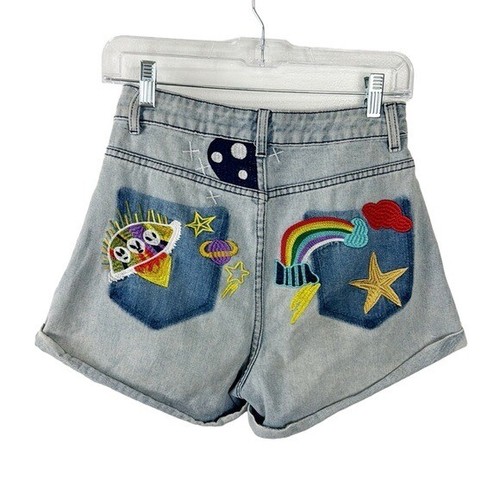 Romwe Denim Shorts Women's XS Blue Colorful Back Embroidered Stretch