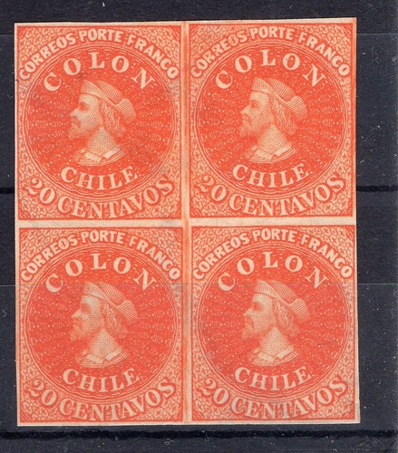 CHILE 1910 Dr. Hahn reprint 20 orange block of 4 full margins engraved