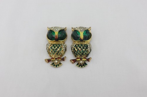 Coro Craft Duette Sterling Silver GREEN EYES Owl Fur Clips Brooch Adolph Katz