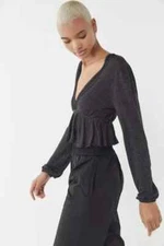 Urban Outfitters Noah Crop Top Womens M Sheer Black Sparkle Deep V-Neck Peplum