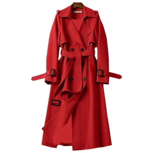 Zweireihiger langer Damen-Trenchcoat winddicht klassisch Revers Gürtel Mantel - Bild 8 von 24