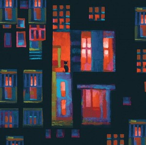 City-Lights-Coral-Cats-in-Windows-Karen-Gillis-Taylor-Clothworks-Fabric-BTY