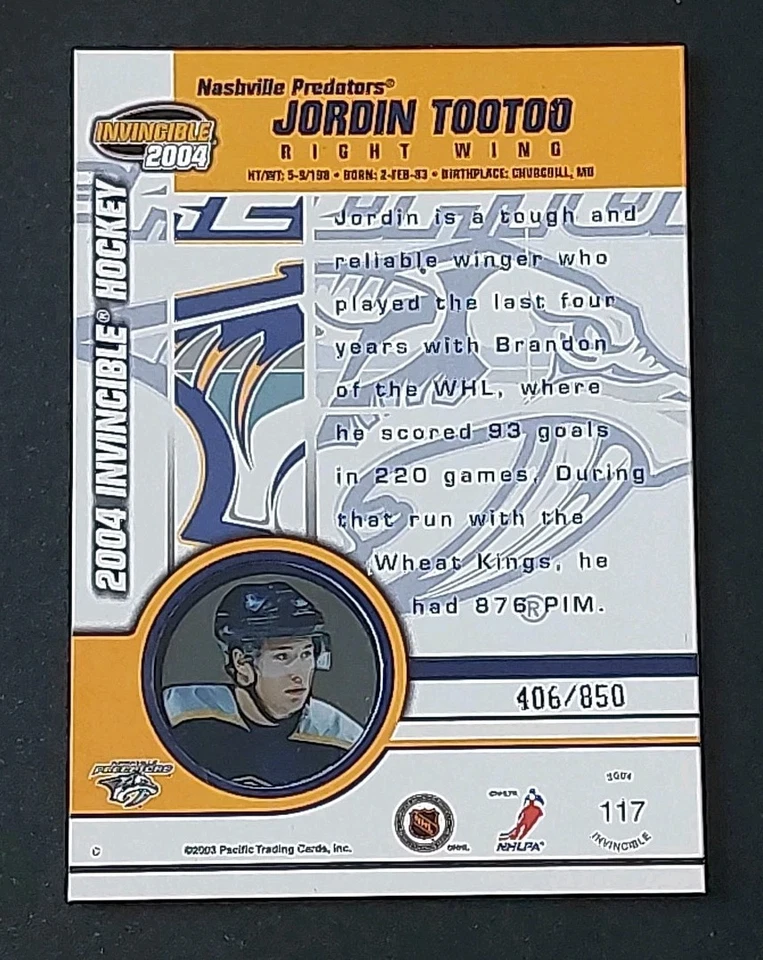 2003-04 Pacific Invincible Jordin Tootoo Red Rookie Card #117. 406/850 Predators - Image 2 of 3
