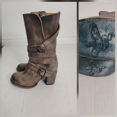 Freebird BARKER Boots SZ 7 Mid-calf Brown Leather Buckle Details Side Zip Boho