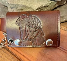 Antiqued Leather Trifold Chain Wallet w/ Horse Heads...Made in USA...Ships Free!