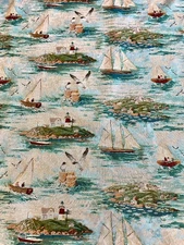 Vintage Jaccquard Weave Nautical Sailing Lighthouse Sea Shore Fabric 4 3/4Yds.