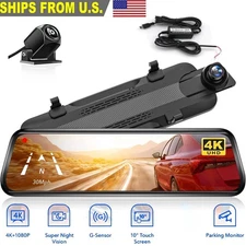 4K 10" Dual Dash Cam Car Rear Mirror View Backup Dual Camera Night Vision IPS US