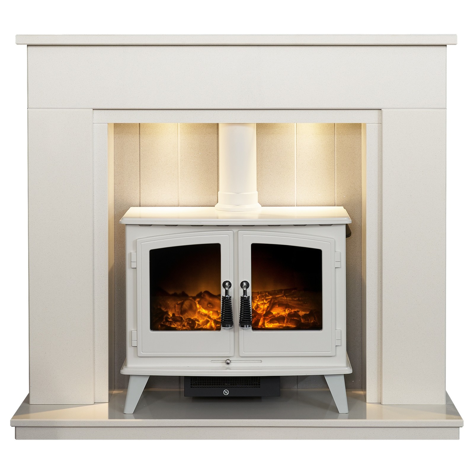 Acantha Larissa White & Grey Marble Stove Fireplace with Downlights & Woodhou...