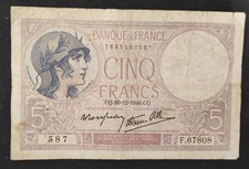 France 5 Francs banknote, purple, dated 26/12/1940, H.67810 Ref F.04/18,...