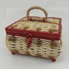Vintage WICKER Sewing Box Caddy Basket Red Gold Japan 1960s Granny Core 7” MCM