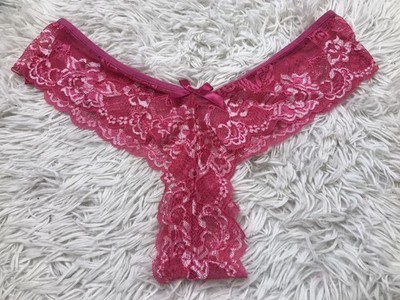 Rare Women's Bow Waistband Sheer Floral Lace Ruffle Thong Hot Pink Floral XL