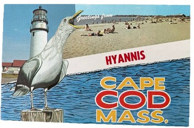 CAPE COD, MA MASS ~Greetings From Hyannis~Sea Gull Lighthouse Beach~Unused Card