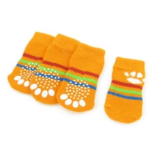 4 Pcs Paw Pattern Nonskid Design Winter Warm Knitted Dog Pets Socks Orange M