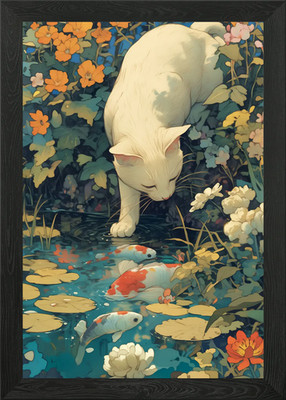 Gerahmtes Wandbild Poster Leinwanddruck Bild Katze am Koi Fischteich