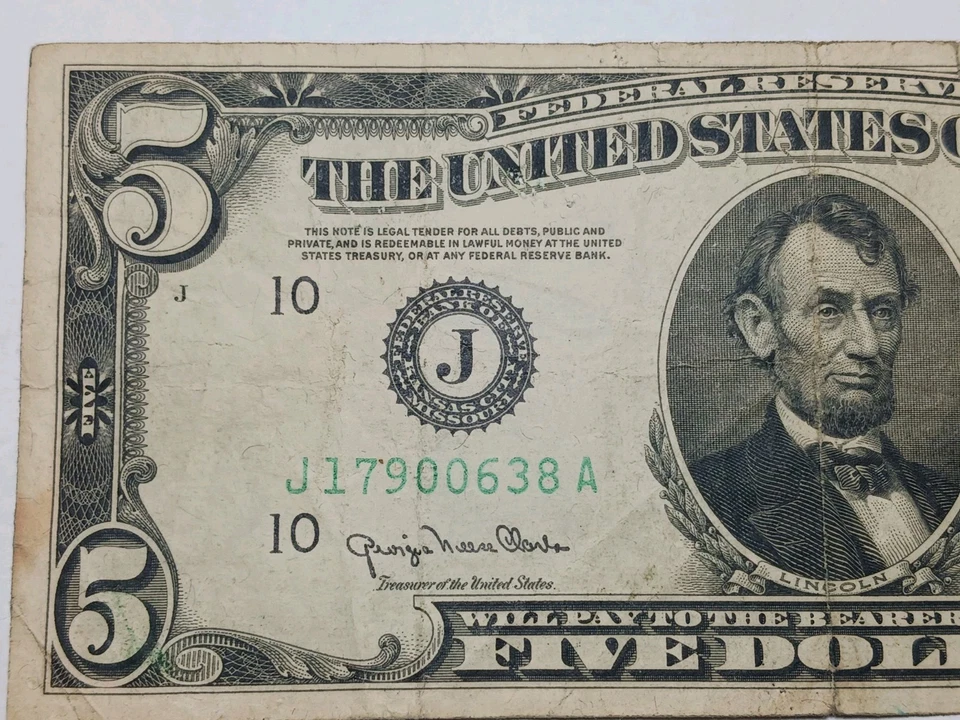 1950 Green Seal $5.00 Dollar  Federal Reserve Note FRN Kansas City  - Image 3 of 4