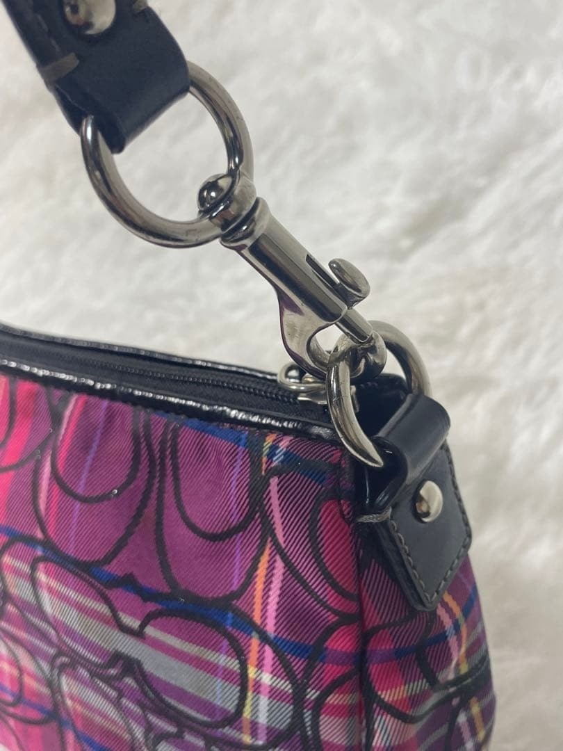 COACH Signature Women's Hand Shoulder Bag Purple Tote check pattern Purse Used thumbnail 10