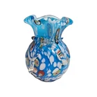 Vintage Murano Art Glass Sky Blue Millefiori Hand Blown Glass Applied Bow Vase