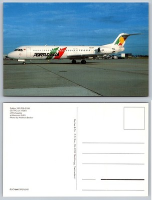 Portugalia Fokker 100 Airliner Airport Runway Postcard
