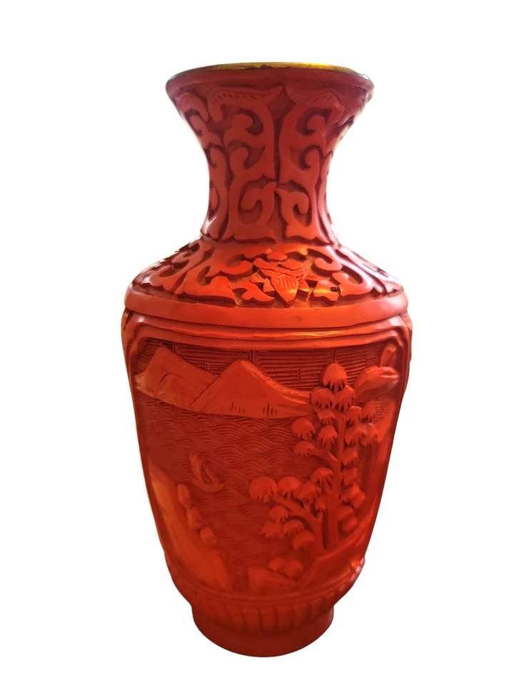 Винтажная китайская цветочная ваза ручной работы из красной киновари с синей эмалью на меди - Изображение 2 из 4