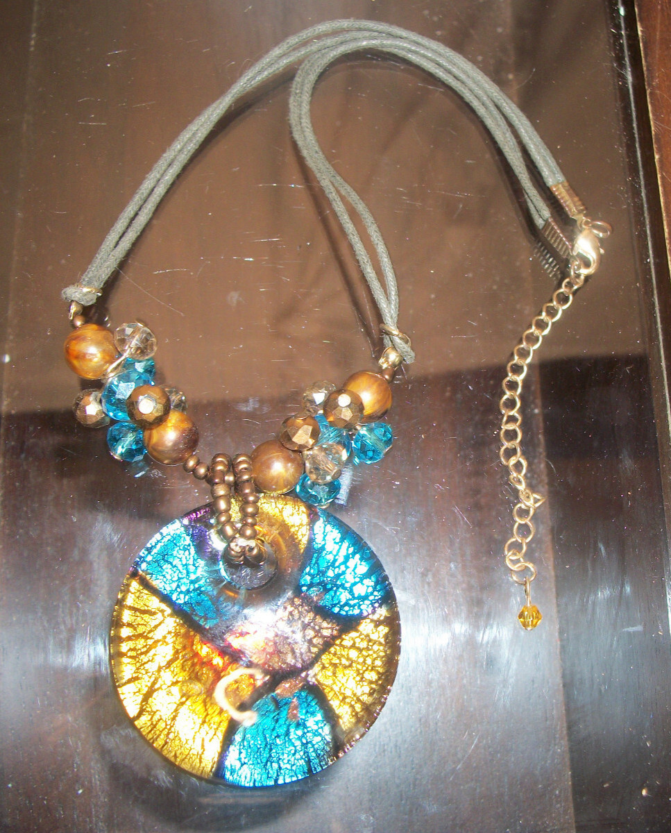 Necklace Choker, Leather Cord, Shell Style Pendant, Blue & Yellow