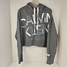 Calvin Klein Women's Cropped Hoodie Size XL Grey White Sweatshirt Pullover