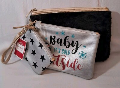 NWT ''Baby It s Cold Outside  3 Piece Pouch Set w/1 Shareable Wristlet Strap