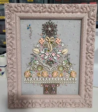 Vtg Handmade One of a Kind Jewelry Christmas Tree Collage Shabby Chic 13x11"