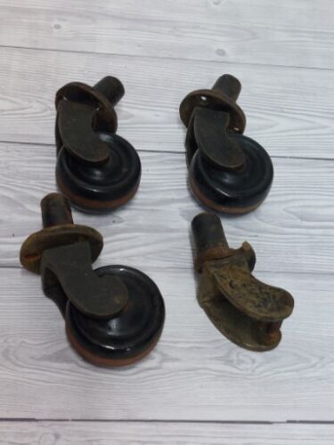 3 x Vintage Iron & Brass Furniture Castors With Ceramic Wheels + 1 Broken One  - Picture 1 of 3