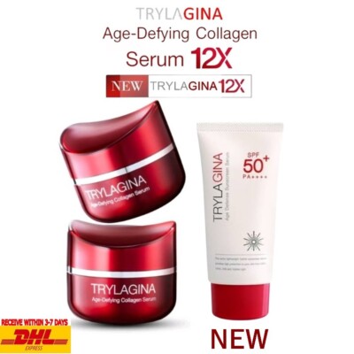 2 Gläser TRYLAGINA Age-Defying Collagen Serum 12X 30g. + Age Defense Sunscree...