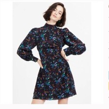 Tanya Taylor DRESS 6 Black Long Sleeve 100% Silk Floral MOCK NECK BUTTONS FLAWS