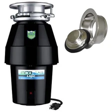 Eco Logic 1/2 HP Anti-Jam Garbage Disposal, Brushed Nickel Sink Flange & Stopper
