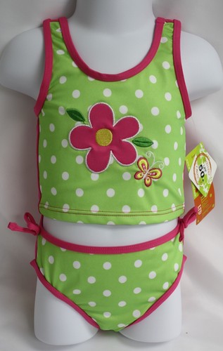 Penelope Mack Toddler Girls Swimsuit Green Pink Polka dot Bathing Swim Suit 2 Pc - Picture 2 of 6