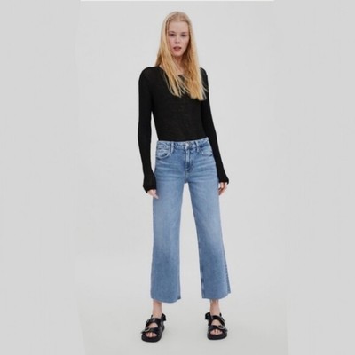Wide Leg Cropped Denim Jeans Raw Hem 