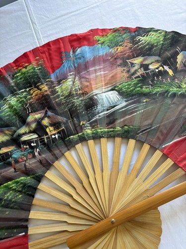 JAPANESE Vintage Oriental Painted Home Deco Paper Wooden Handle Fan 102cm - Picture 5 of 17