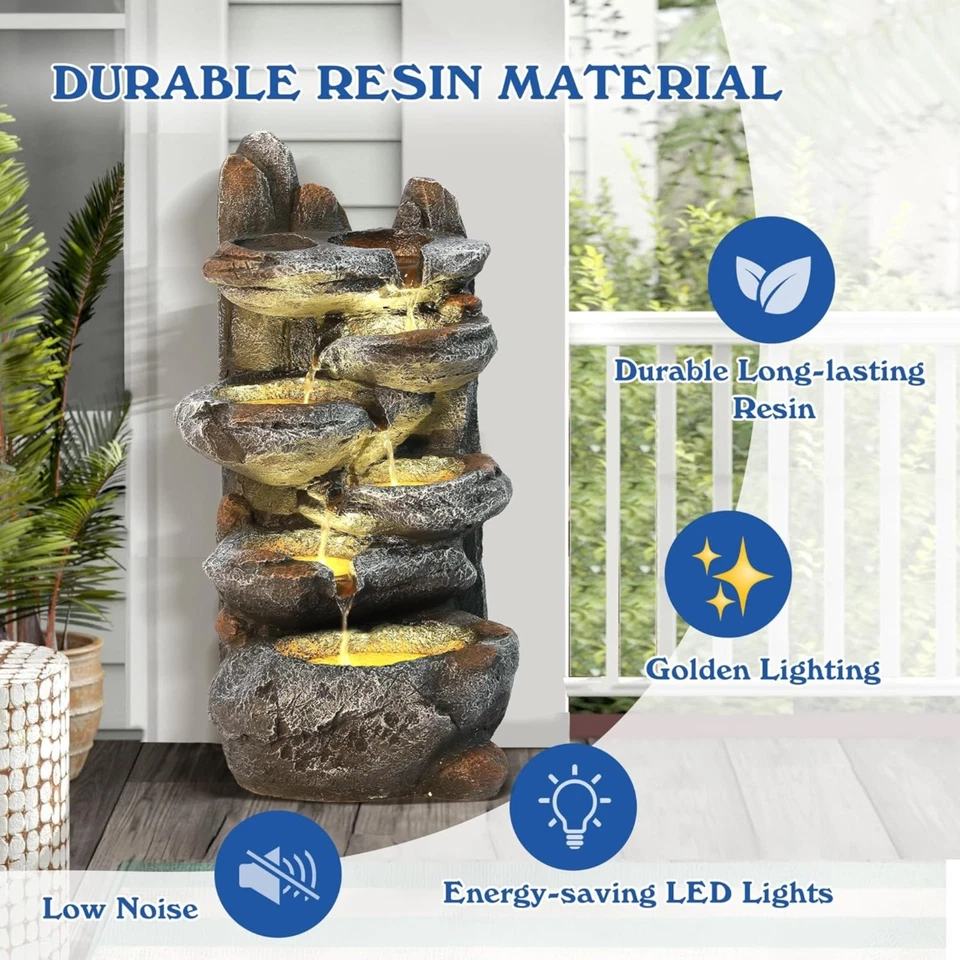 Outdoor Water Fountain  LED Lights 6 Tier Patio Garden Faux Stone Waterfall SALE - Image 3 of 4